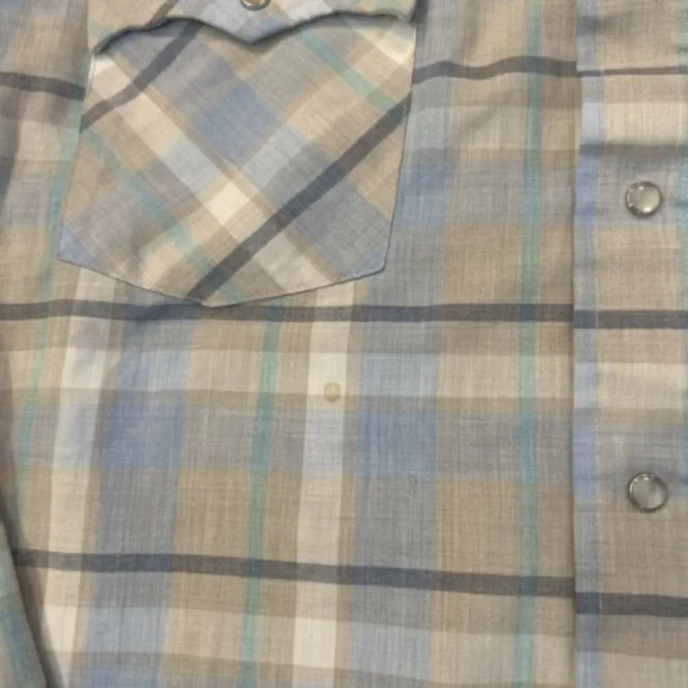 Vintage Levis Men Western Tan Blue Plaid Long Sleeve Pearl Snap Large Has Stain - Picture 2 of 6